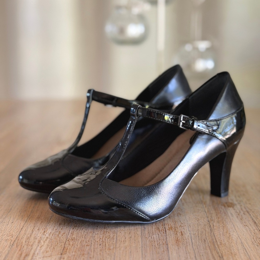Giani Bernini Black Leather Mary Jane T-Strap Memory Foam Pumps Heels 7M Retro
